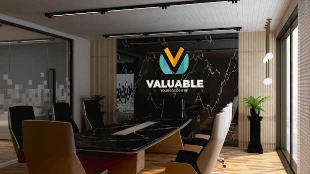 Colorful company logo mockup in the office business meeting room with elegant design interior