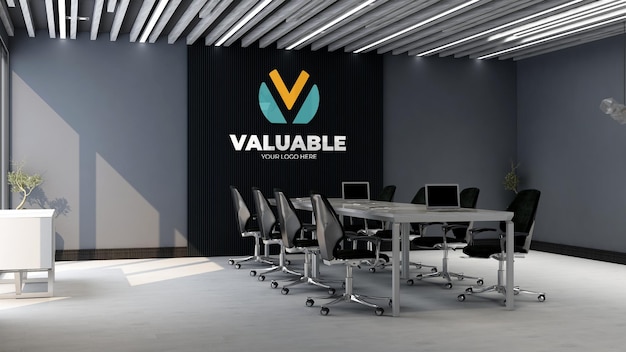 Colorful company logo mockup in the office meeting room with long desk luxury design