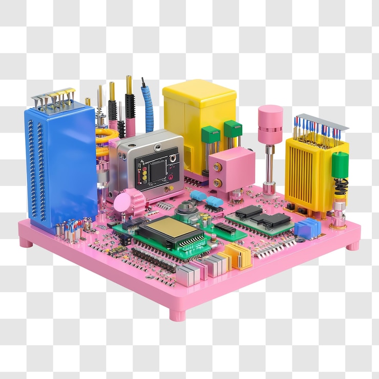 PSD colorful computer components on pink base board
