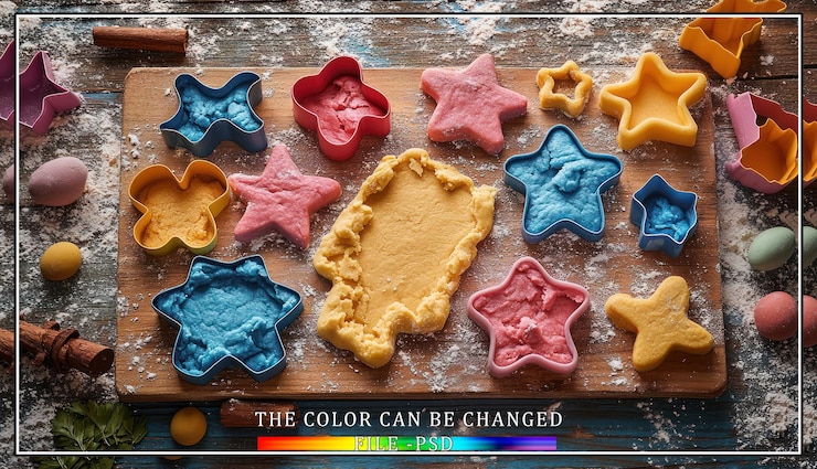 PSD colorful cookie dough cutouts on a wooden board with cookie cutters