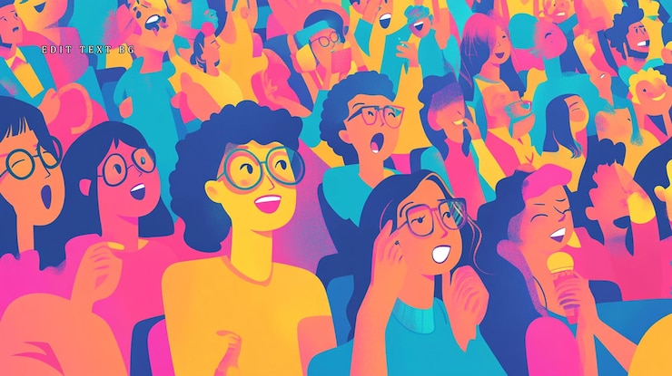 PSD colorful crowd of diverse people cheering excitedly at a vibrant event