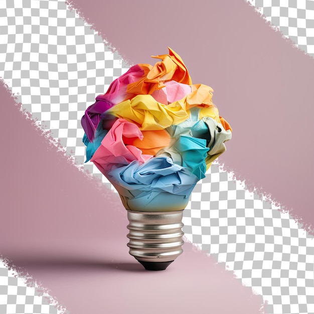 PSD carta stropicciata colorata che circonda una lampadina su uno sfondo trasparente