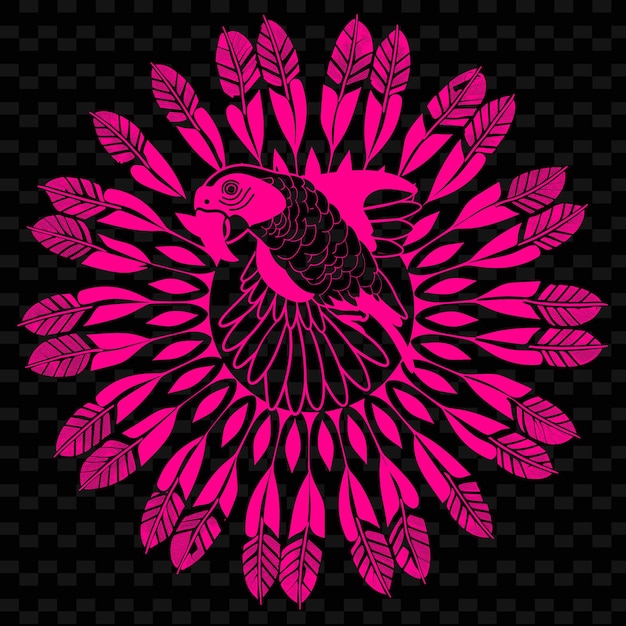 PSD un disegno colorato di un uccello con un fiore rosa su uno sfondo nero