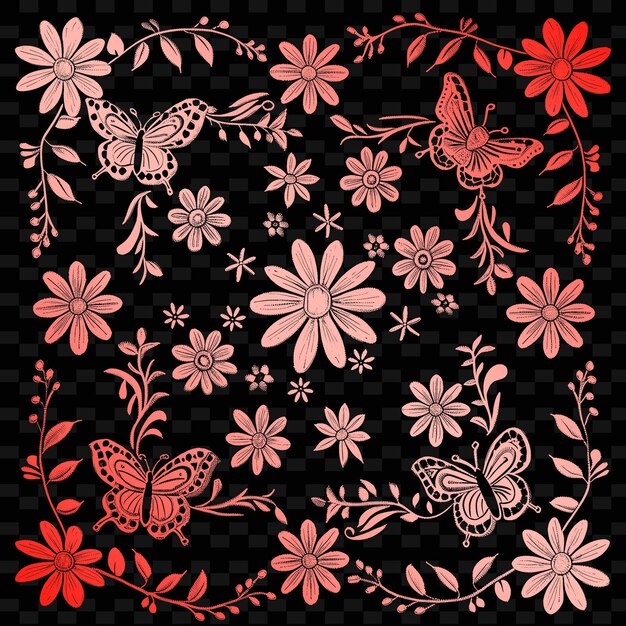 PSD un disegno colorato con farfalle e fiori in rosso e rosa
