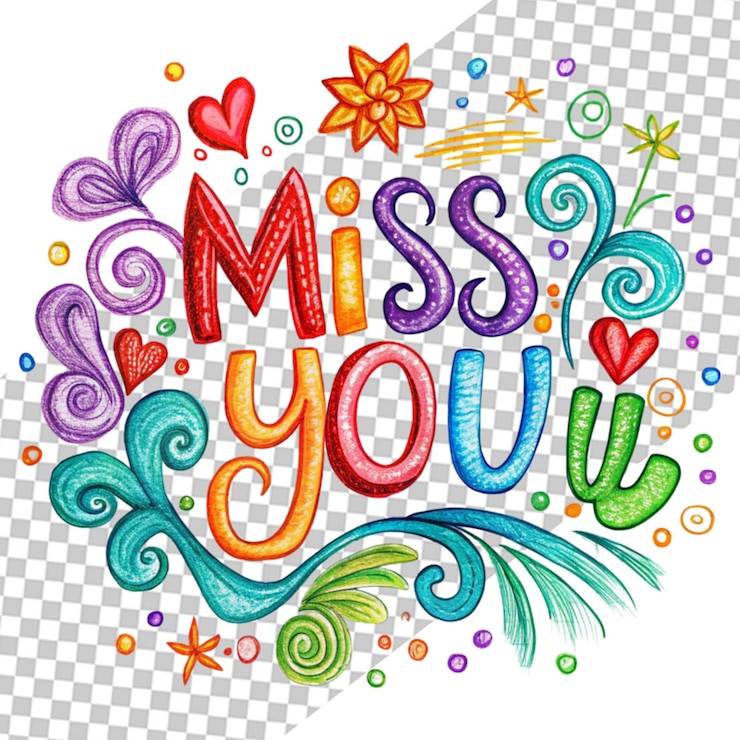 PSD colorful doodle with miss you text