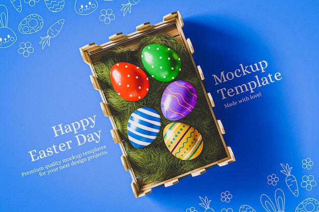 PSD colorful easter eggs mockup in a wooden box