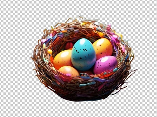 PSD uova di pasqua colorate in un nido decorato con fiori primaverili