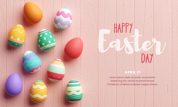 PSD colorful easter eggs on a wooden red table for banner design template or flyer background