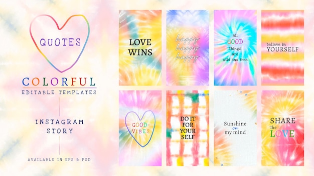 PSD colorful editable template psd for social media story tie dye set