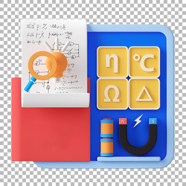 PSD a colorful educational setup featuring a notebook magnifying glass and sciencerelated icons