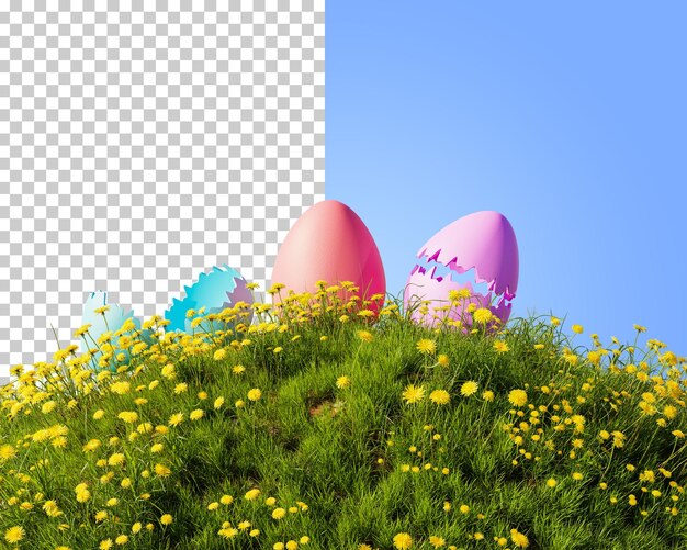 Uova colorate nell'erba collina di erba e uova di pasqua cartolina d'auguri di pasqua felice rendering 3d