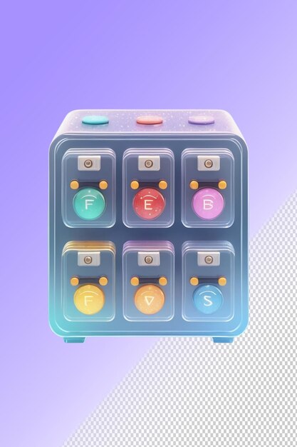 PSD a colorful electronic device with a blue and orange button that sayston it