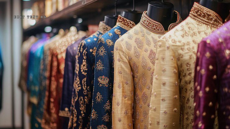 PSD colorful embroidered mens jackets on display in a shop