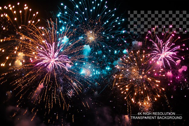 PSD colorful fireworks in the night sky light show programmed on transparent background