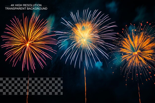 PSD colorful fireworks in the night sky light show programmed on transparent background