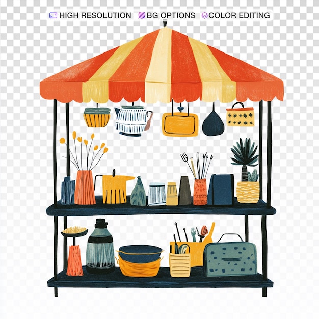Colorful Flea Market Stand Displaying Unique Home Items on White Background