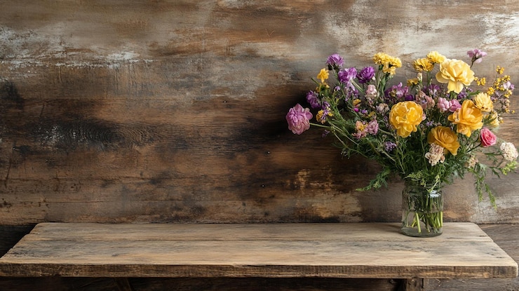 PSD colorful flower bouquet in glass vase on rustic wooden table against wooden wall background
