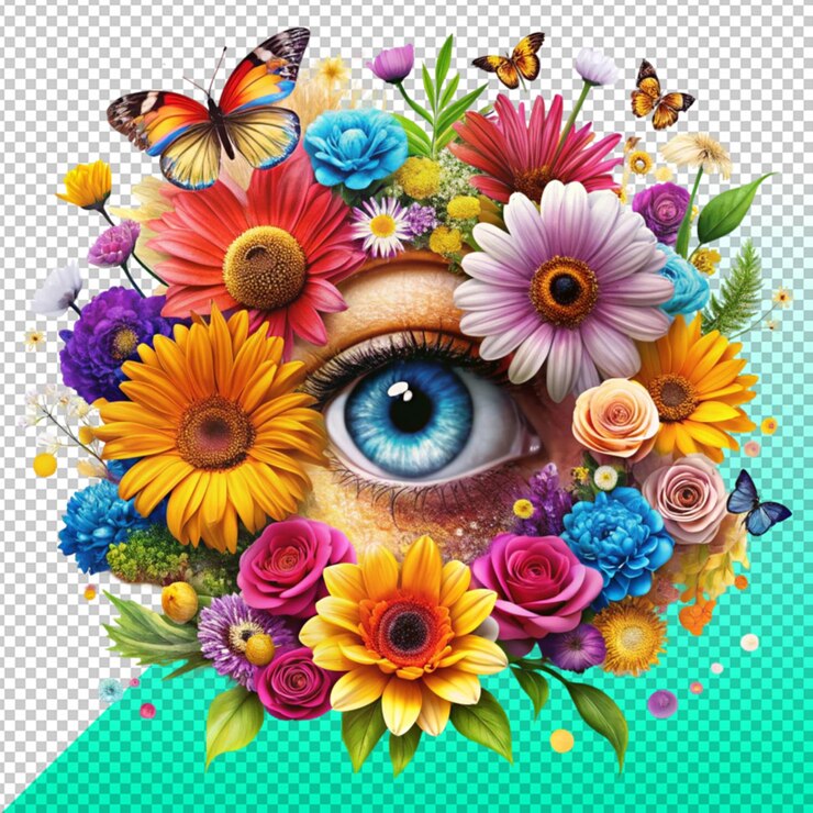 PSD colorful flower with eyes surrounded by butterflies on transperent background