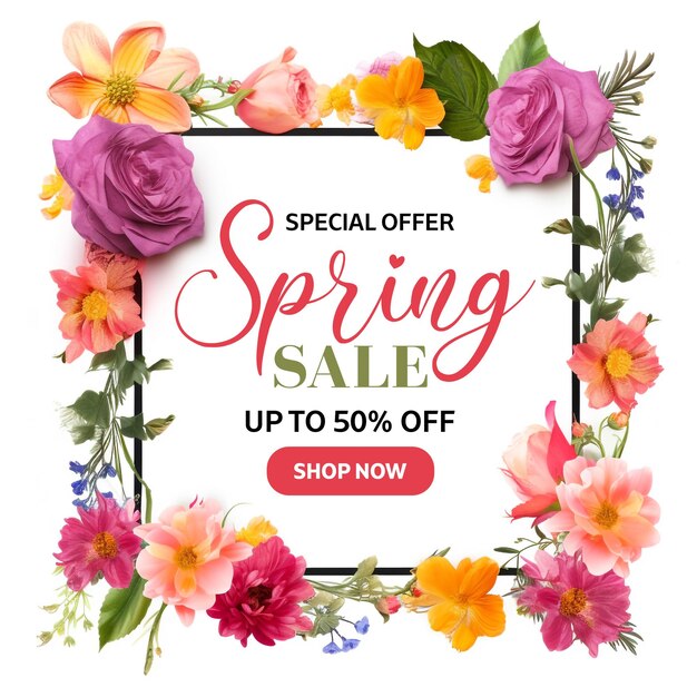 Colorful flowers spring sale discount banner or social media post template