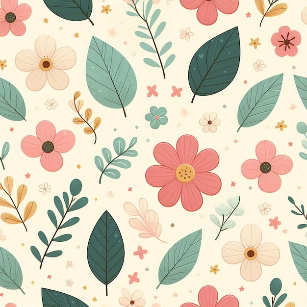 PSD colorful flowers with leaf seamless pattern