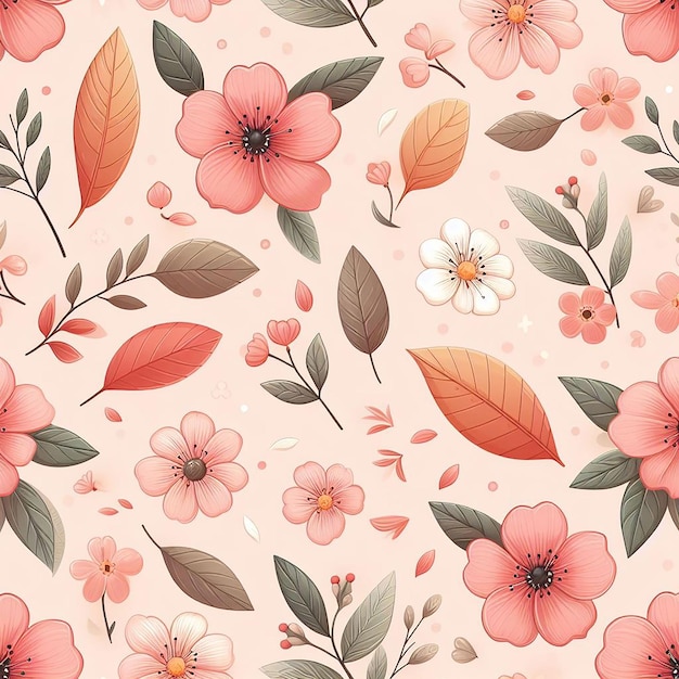 PSD colorful flowers with leaf seamless pattern