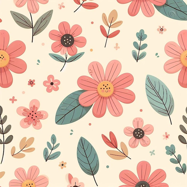 PSD colorful flowers with leaf seamless pattern