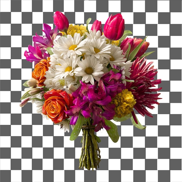 colorful fresh flower bouquet with daisies tulips roses and alstroemeria isolated