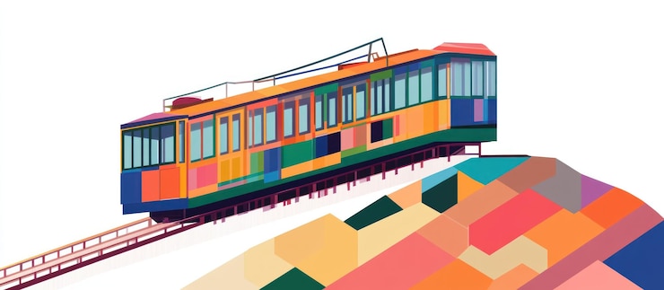 PSD 一條充滿活力的山上,有色彩的電車