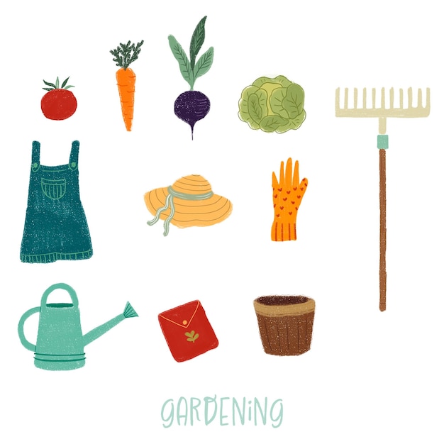 Colorful gardening tools elements illustration isolated on white background