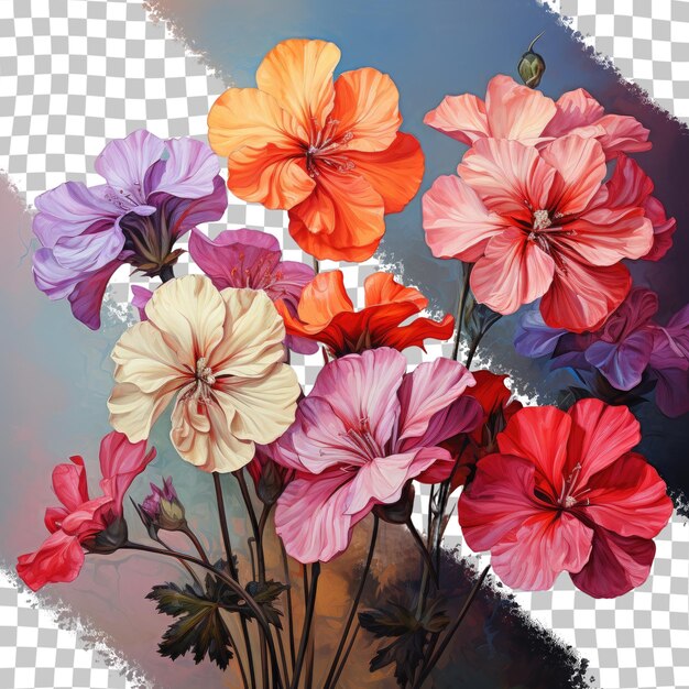 PSD geranio colorato che fiorisce su uno sfondo trasparente del materasso