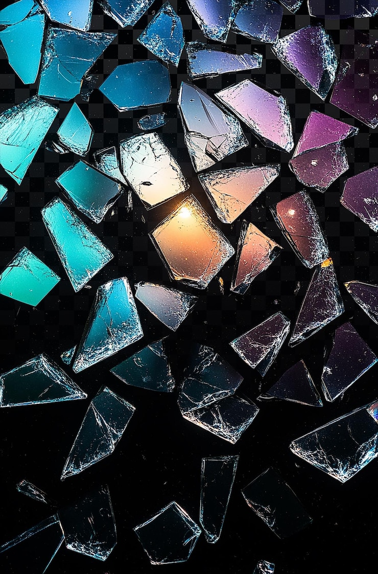 PSD colorful glass fragments scattered on transparent background
