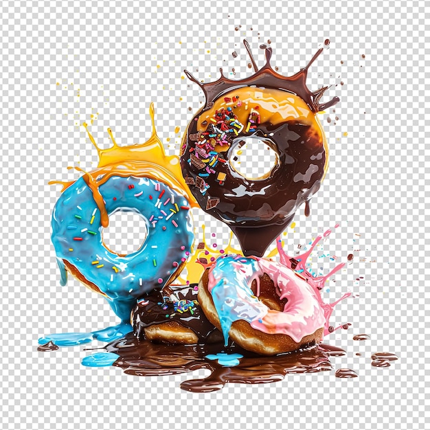 PSD colorful glazed donuts with chocolate splashes isolated on transparent background