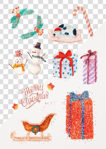 Colorful glitter png sticker Christmas illustration set