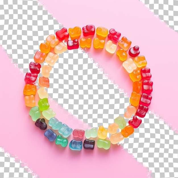 PSD colorful gummy bears arranged in a rainbow circle on a transparent background