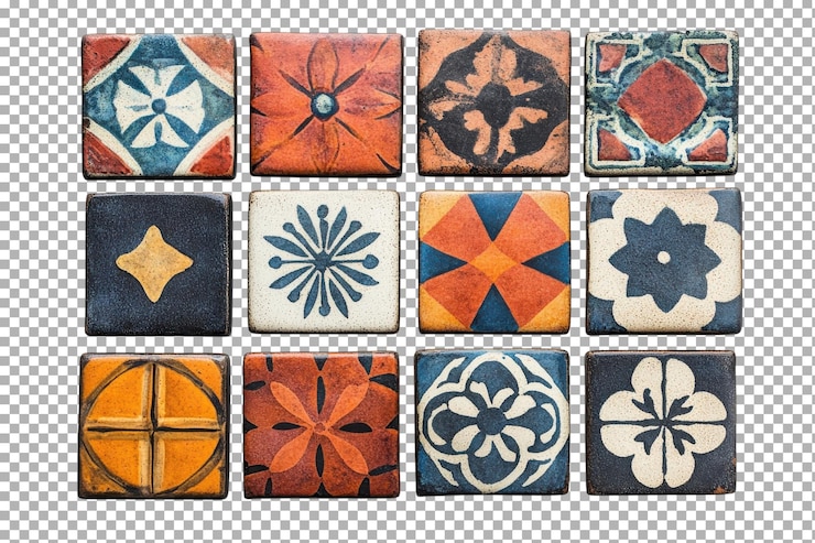PSD colorful handmade tiles displaying intricate designs arranged in a visually striking pattern