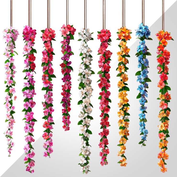 PSD colorful hanging flower garlands isolated on transparent