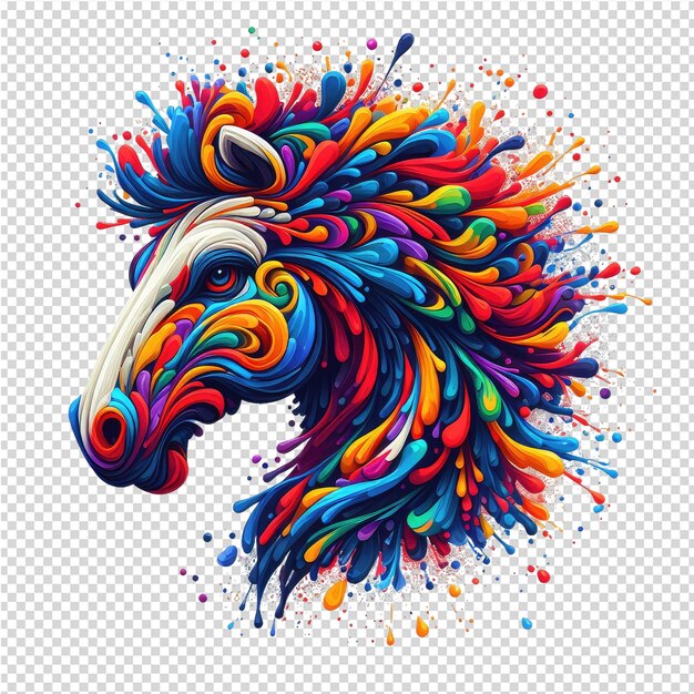 A colorful head of a horse with colorful feathers on it