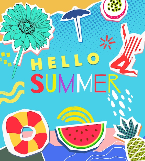 Sfondo colorato hello summer con disegno di carta collage