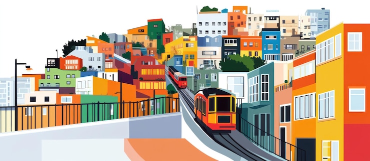 PSD colorful hillside city with cable car ascending