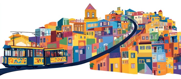 PSD colorful hillside town with a tram