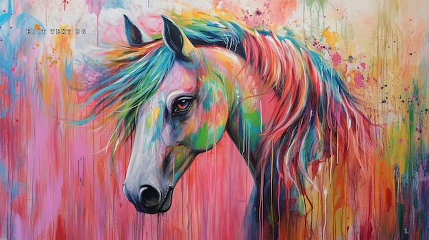 colorful horse portrait with vibrant mane and abstract background