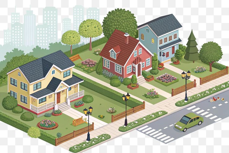 PSD colorful houses in a neighborhood design