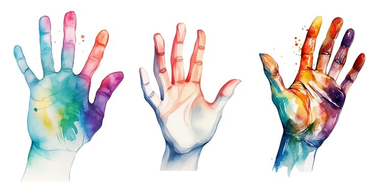 PSD colorful human hands isolated on white background watercolor hand drawn illustration