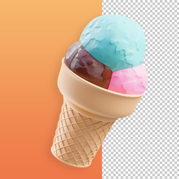 さまざまな味のカラフルなアイス クリーム コーンの 3 d イラストレーション