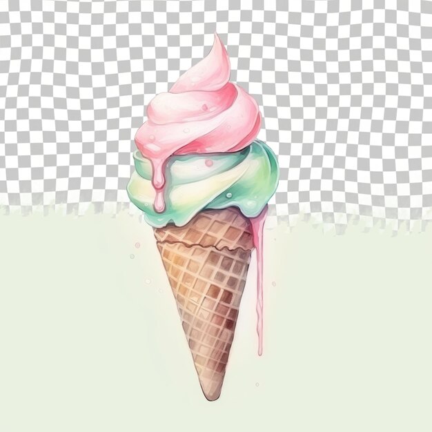 A colorful ice cream cone with pink green and yellow swirls on a transparent