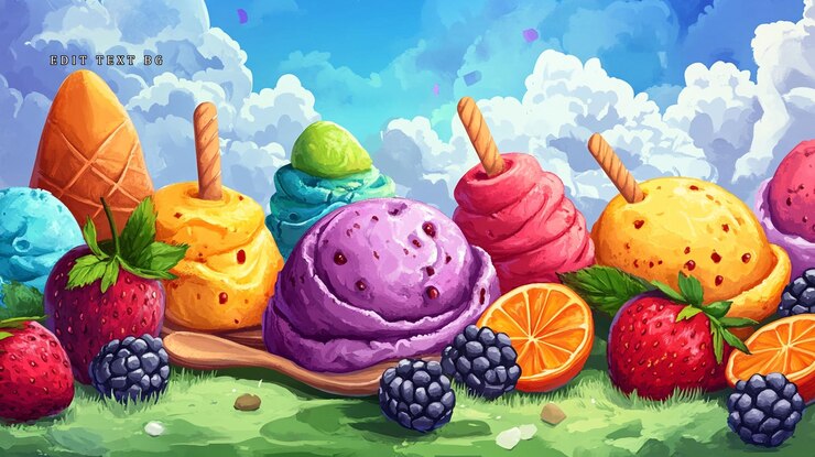 PSD colorful ice cream scoops cones and fresh berries on a wooden board against a summer sky