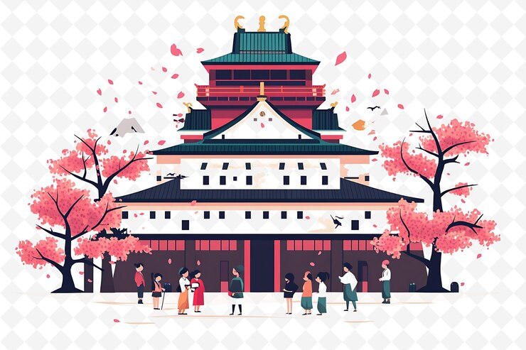 PSD 一棟有紅色屋頂的建築和幾個人在前面的彩色插圖
