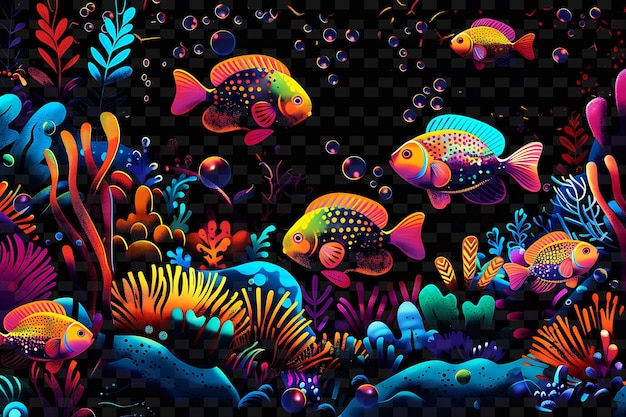PSD un'illustrazione colorata di un pesce colorato e un corallo con le parole 