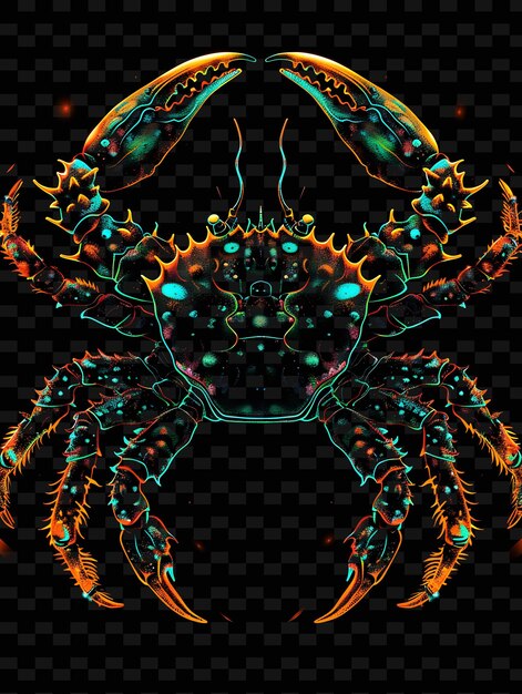 A colorful illustration of a crab with a green background