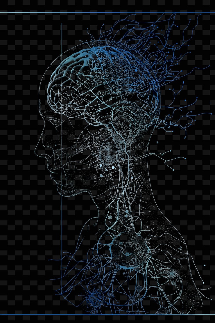 PSD a colorful illustration of a human head with the brain drawn by a blue and green ink